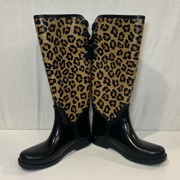 COACH “Tristee” Rubber Rain Boots Leopard Pattern w/Tie Lace Women’s Size6B - Picture 3 of 9